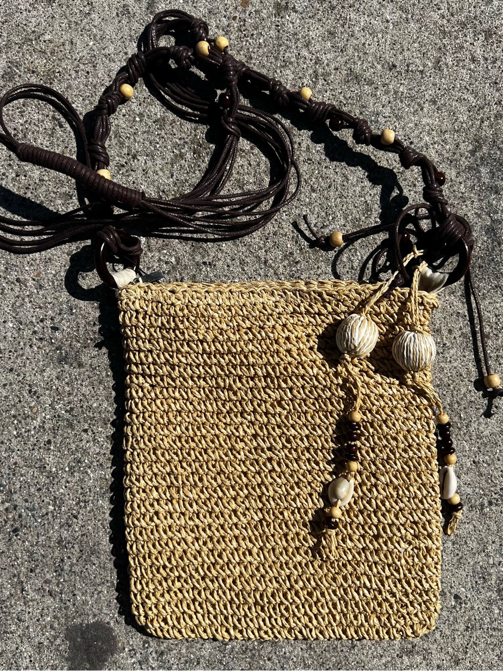 Boho Handwoven Straw Crossbody Bag in Natural Beige with Beaded Tassels